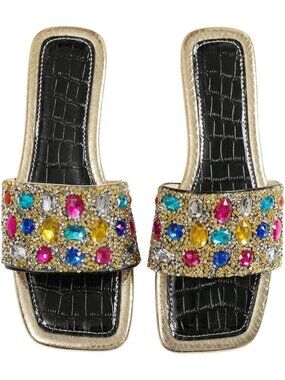🆕Women's Black Rhinestone Rainbow Flat Sandals Sparkly Bling Slides Glitter